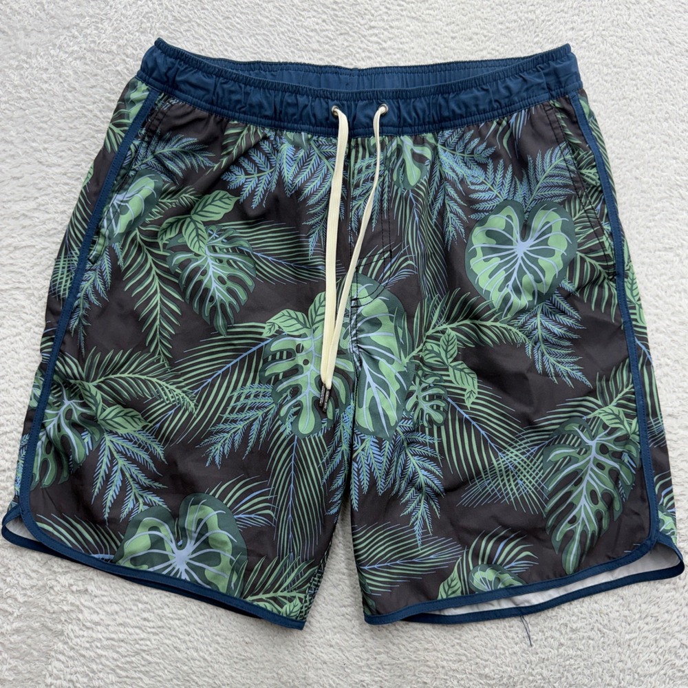 Fair Harbor Mens Tropical Monstera Leaf Swim Trunks Navy Green XL Stretch